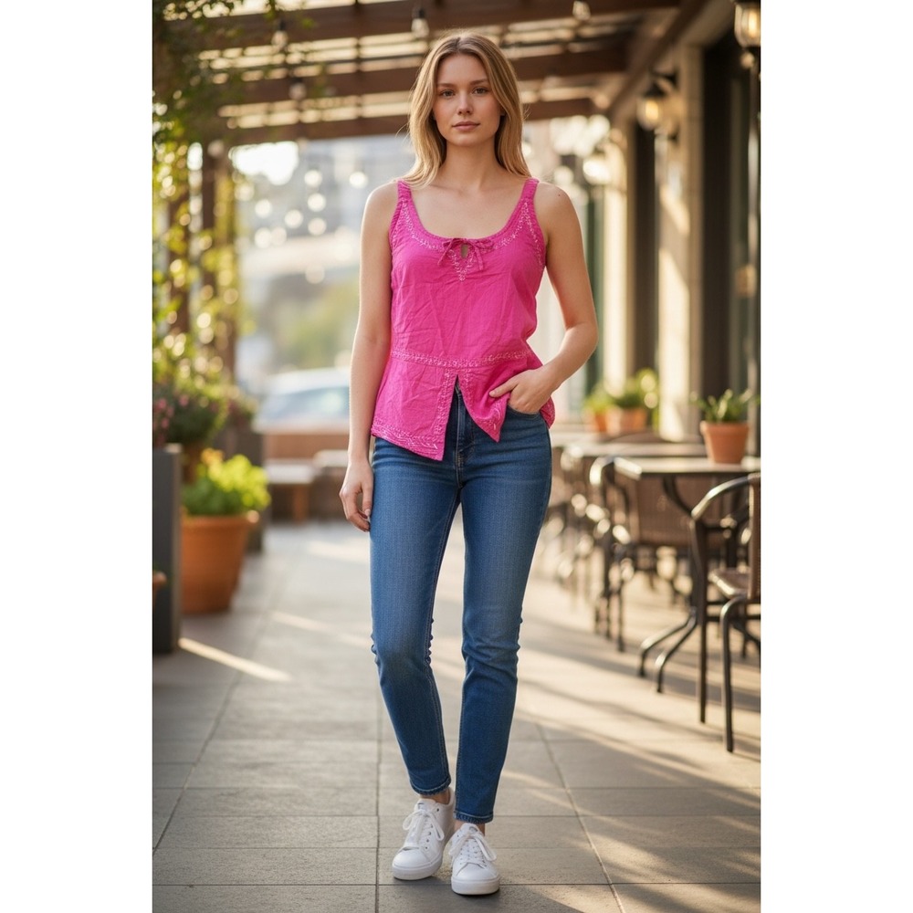 Y2K Quizz Jeans & Company Womens Pink Embroidered Peplum Tank Top 100% Cotton M